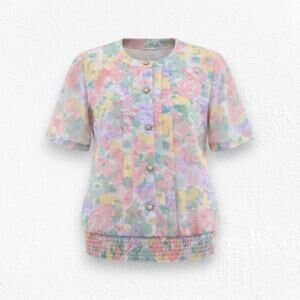 Vintage 90s Pastel Floral Blouse Cottagecore Easter Short Sleeve Size 14